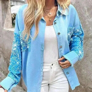 Baby Blue Party Women's Turn-Down Collar Sequin Raw Hem Shacket